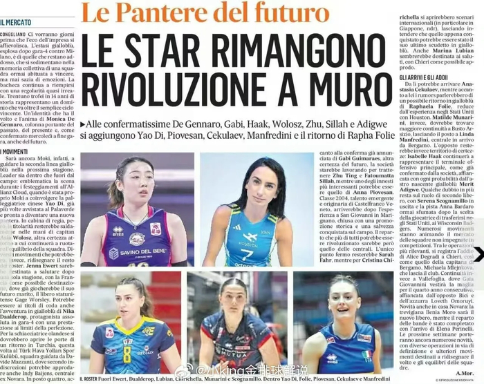 姚迪加盟意甲豪门科内利亚诺 朱婷再添强力搭档